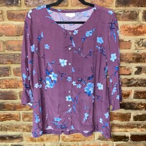 J. Jill Purple Blue Floral 3/4 Sleeve Button Down Shirt Women's Size Medium